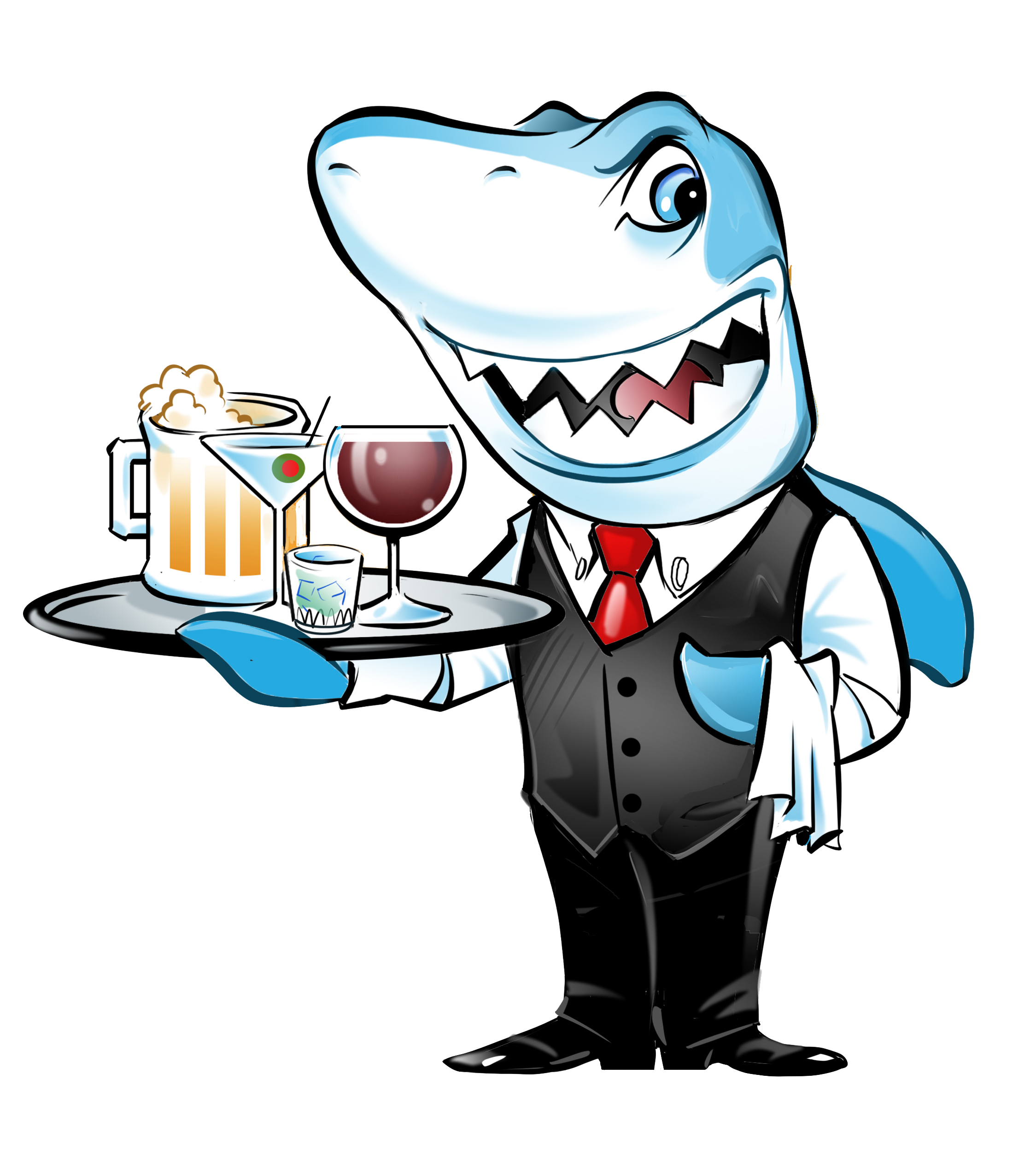 Picture of a shark in a tuxedo holding a cocktail tray with four drinks on it.